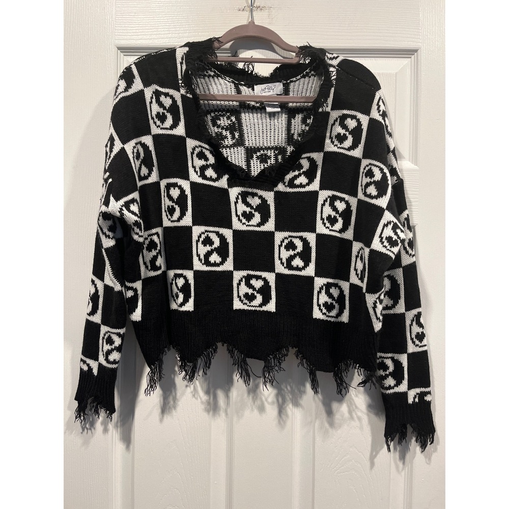 Just Polly New York Yin Yang Heart Checkered Distressed Cropped Sweater Small